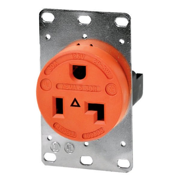Hubbell Wiring Device-Kellems Straight Blade Devices, Receptacles, Flush Receptacle, Industrial Grade, 2-Pole 3-Wire Grounding, 30A 125V, 5-20R, Orange, Single Pack IG9308